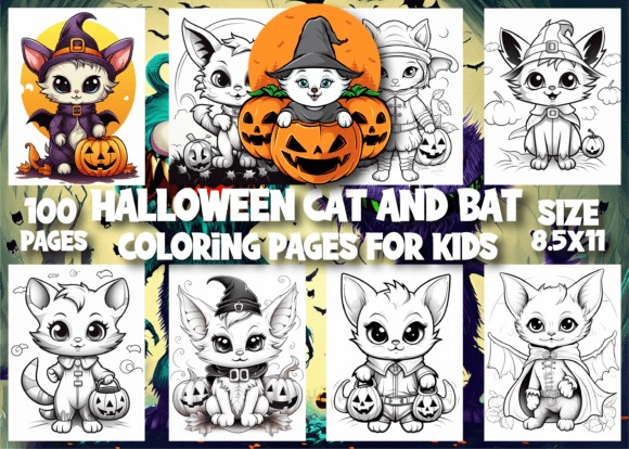 Halloween Cat and Bat Coloring Pages